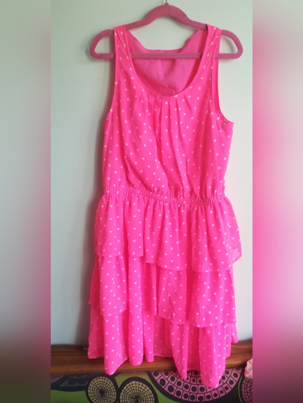 Hot Pink Polka Dot Tiered Sleeveless Dress